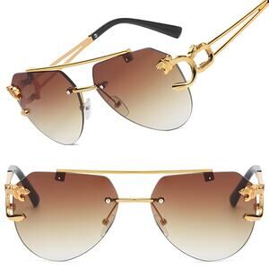 Panther Heads Accents Links Luxe Brown Lens Mens Womens Gold Square Sunglasses